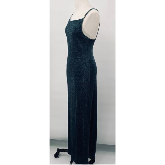 Vintage 90s All That Jazz Sparkle Maxi Dress Gown Slinky Low Back Metallic Teal - Picture 5 of 10